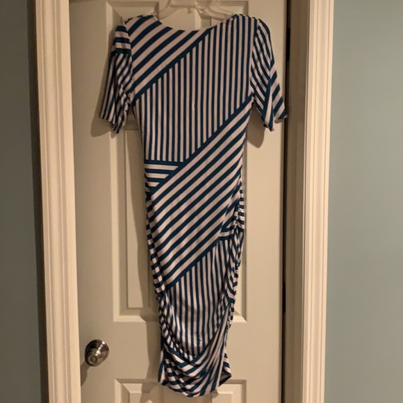 A Pea in the Pod Maternity Dress Small Turquoise Cream Geometric Stripe Stretch - Picture 5 of 6